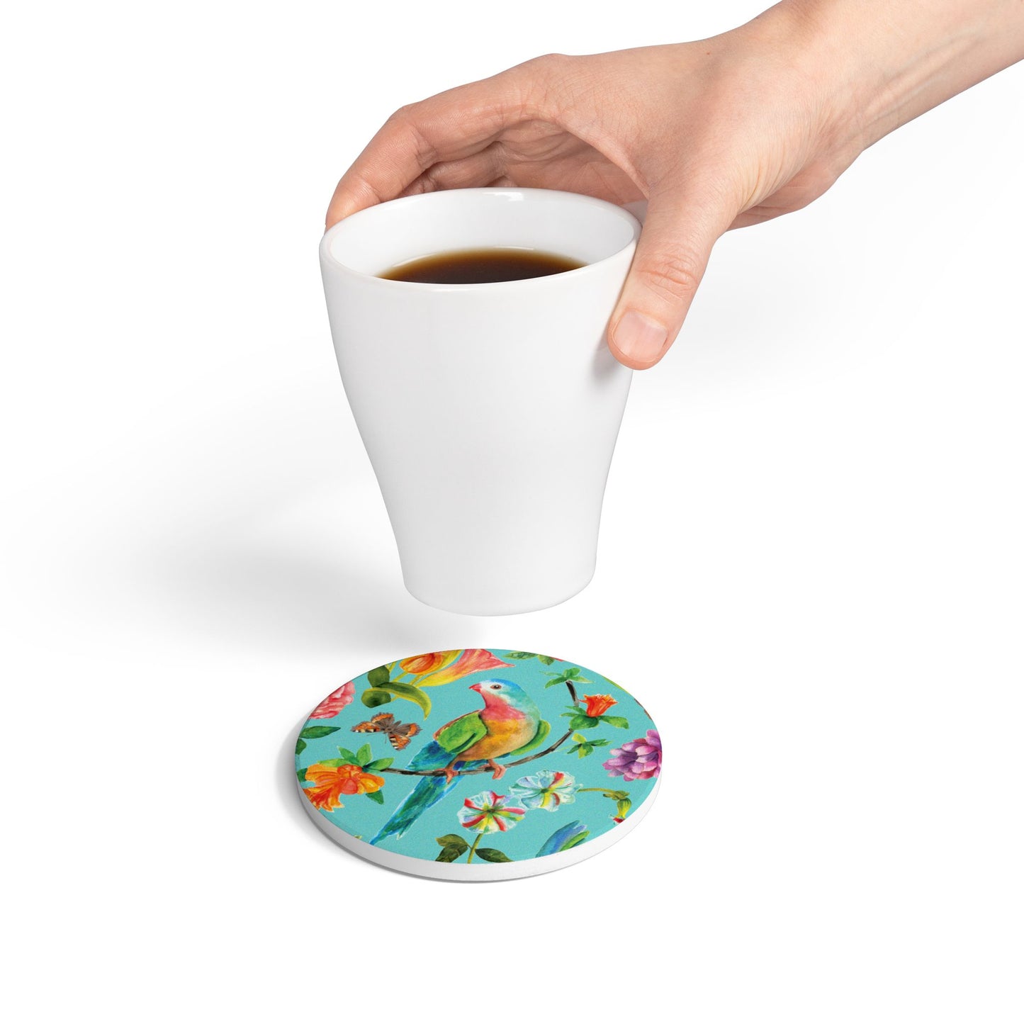 Birds and Butterflies Minty Green Ceramic Coaster