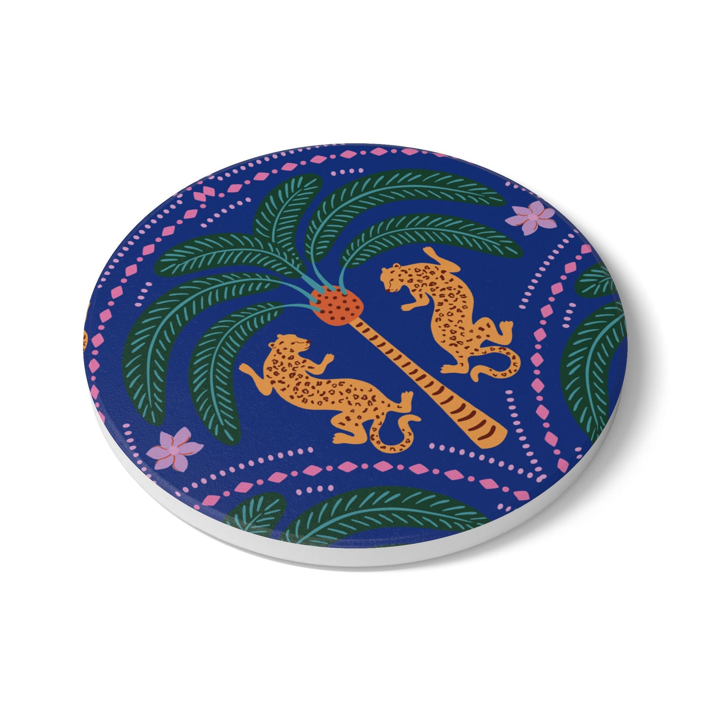 Cheetah with Palm Navy Ceramic Coaster