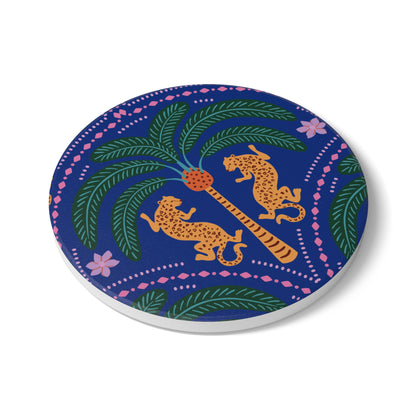 Cheetah with Palm Navy Ceramic Coaster