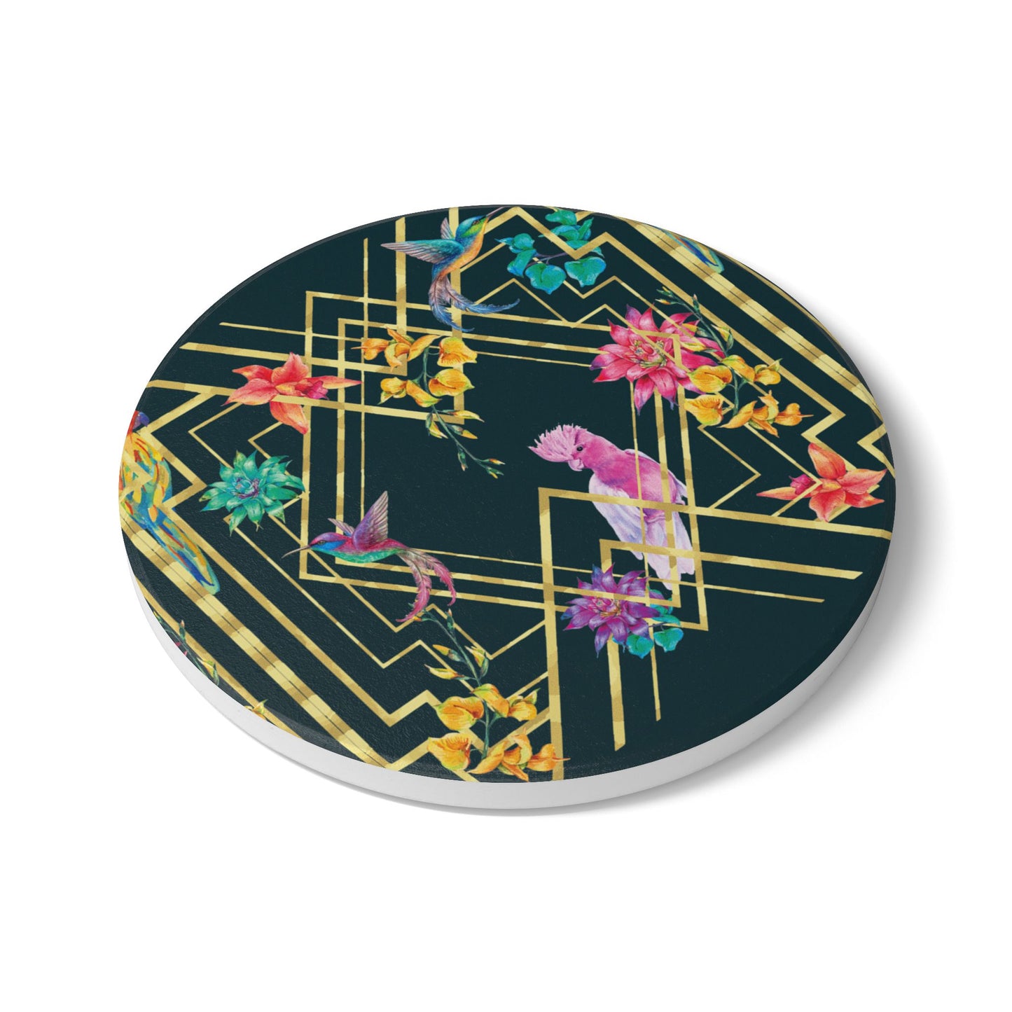 Art Deco Birds Emerald Ceramic Coaster