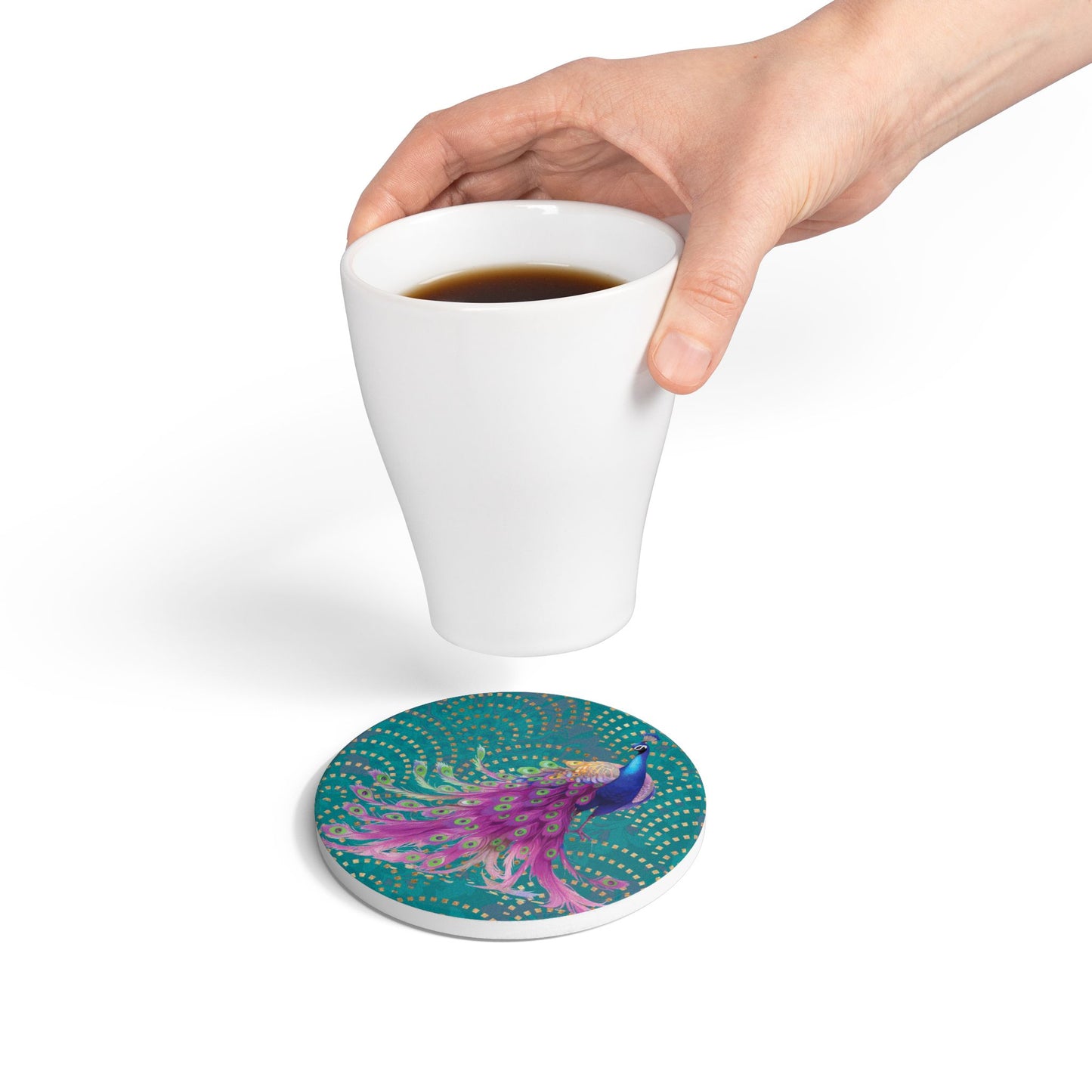 Art Deco Peacock Teal Ceramic Coaster