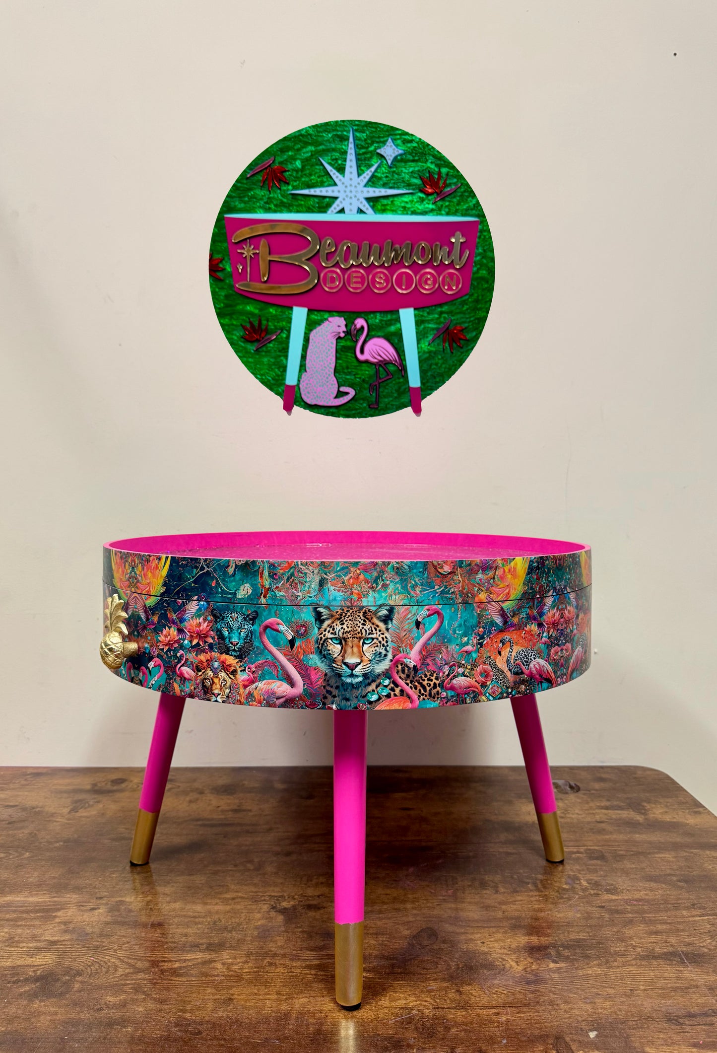Round coffee table jewel leopard glitter