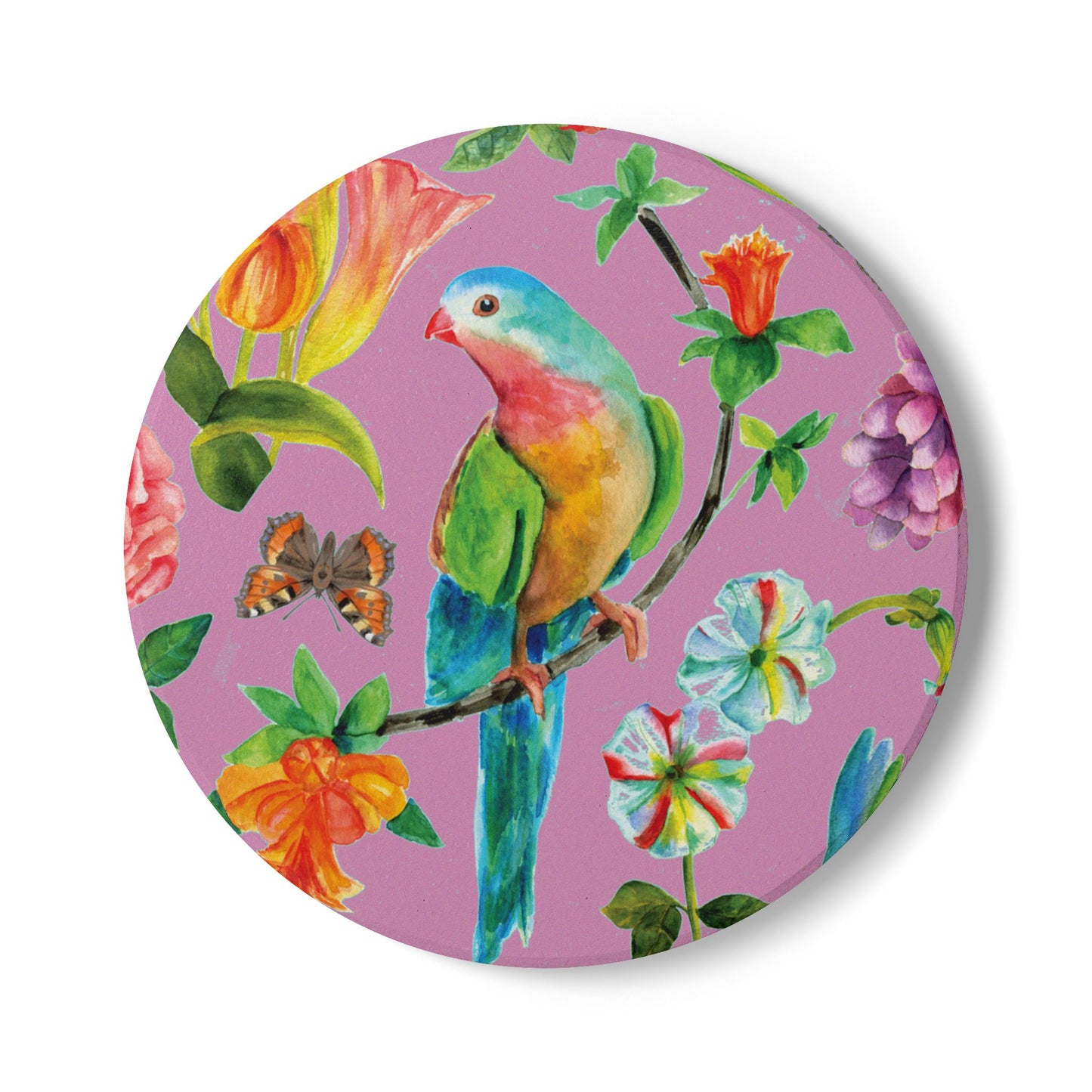 Birds and Butterflies Pink Ceramic Coaster