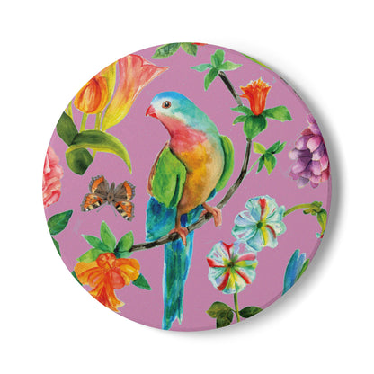 Birds and Butterflies Pink Ceramic Coaster