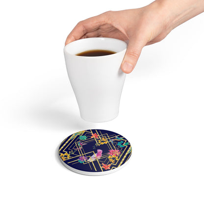 Art deco Birds Navy Ceramic Coaster