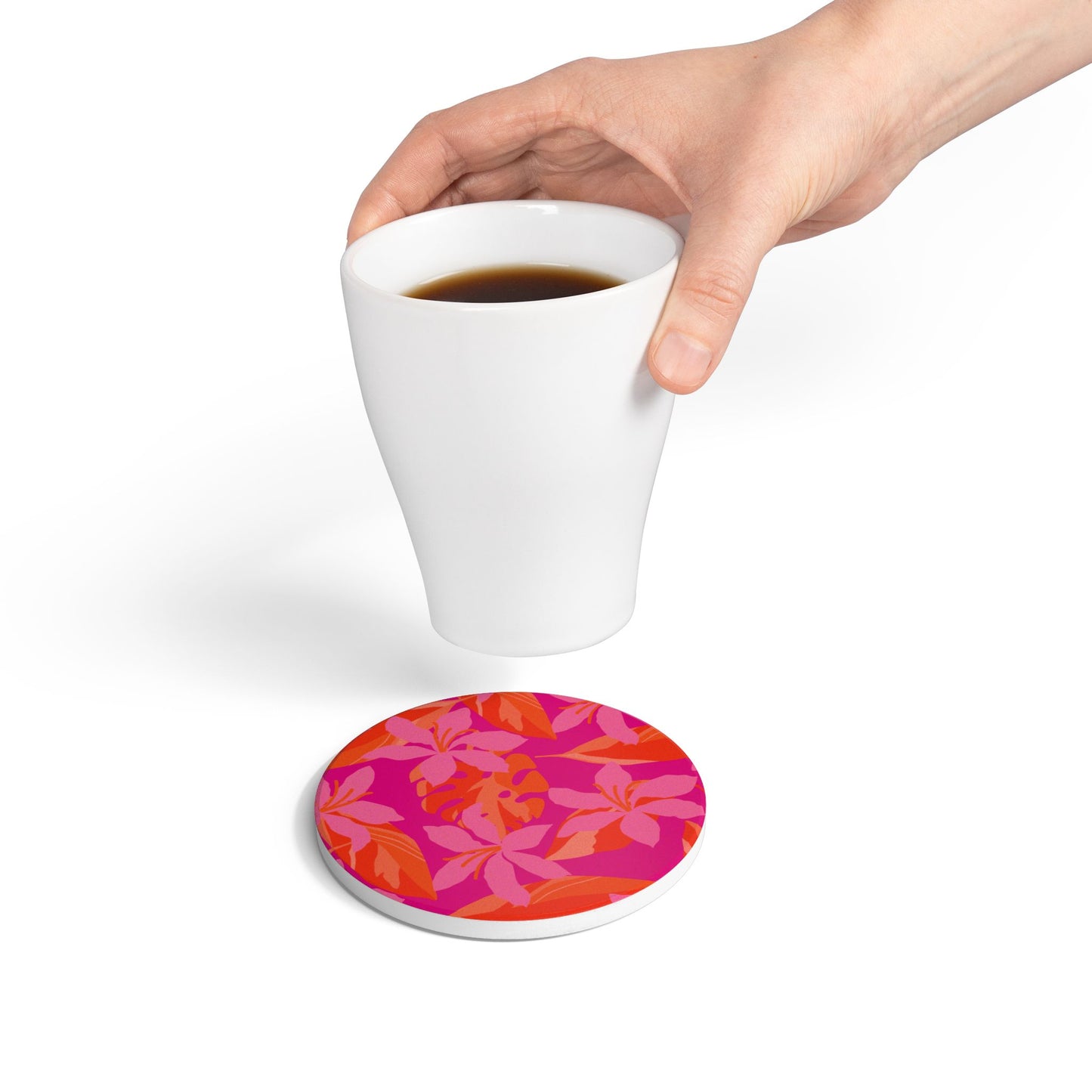 Hot Pink and Orange Floral Ceramic Coaster