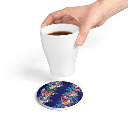 Colourful Jungle Navy Ceramic Coaster