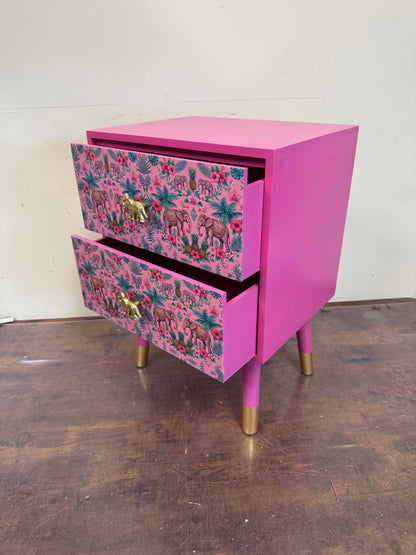 Pink Square table with Elephants, bedside table with two drawers