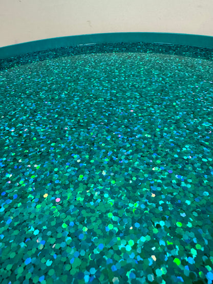 Round coffee table peacock design turquoise glitter