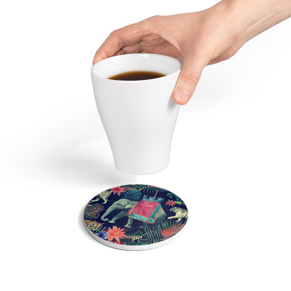 Elephant in Jungle Navy Ceramic Coaster