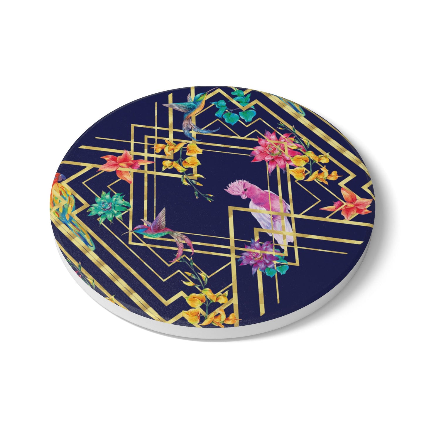 Art deco Birds Navy Ceramic Coaster