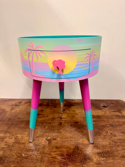 Malibu - Pink with Glitter and Barbie on top.  mint and pink ombre, sunset, flamingo, Palm Springs nightstand , doll detail, taller legs