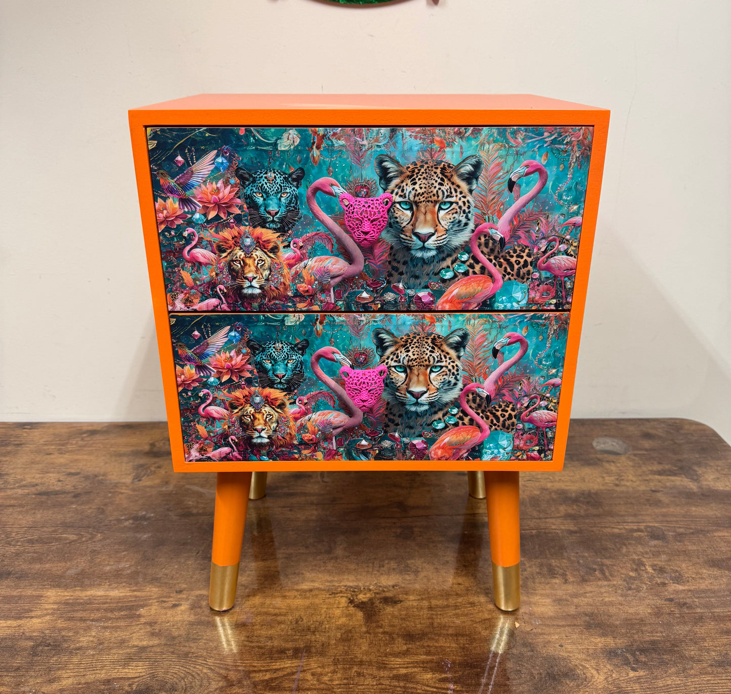 Jewel Leopard Orange  , two drawer square table