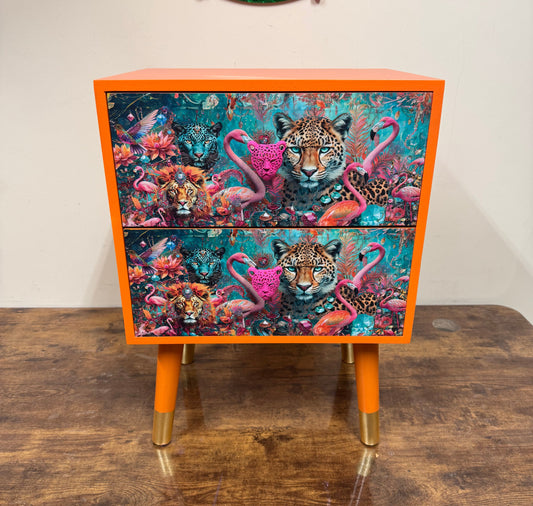 Jewel Leopard Orange  , two drawer square table