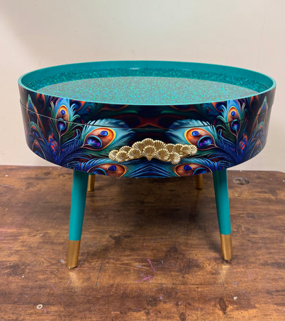 Round coffee table peacock design turquoise glitter