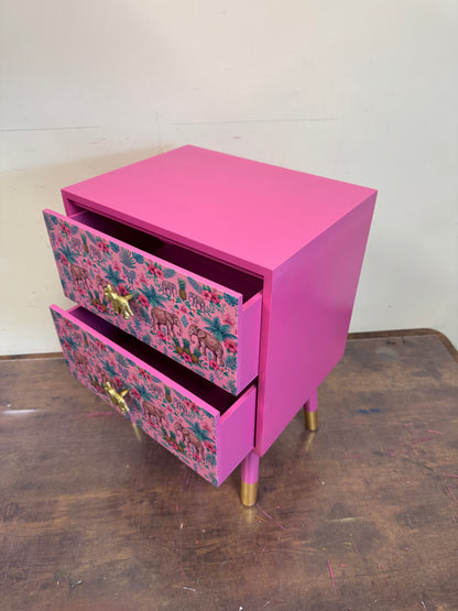 Pink Square table with Elephants, bedside table with two drawers