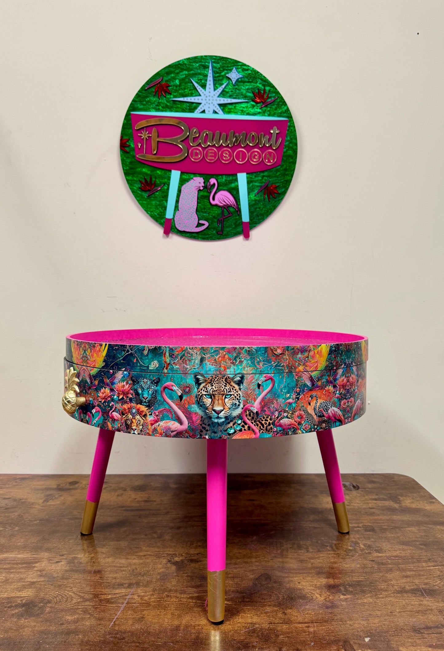 Round coffee table jewel leopard glitter