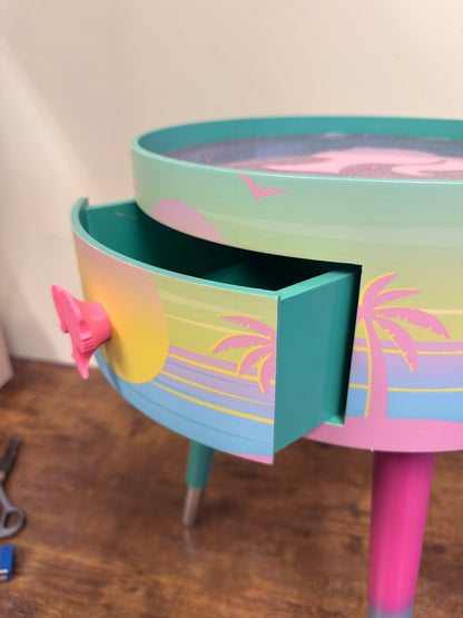 Malibu - Pink with Glitter and Barbie on top.  mint and pink ombre, sunset, flamingo, Palm Springs nightstand , doll detail, taller legs