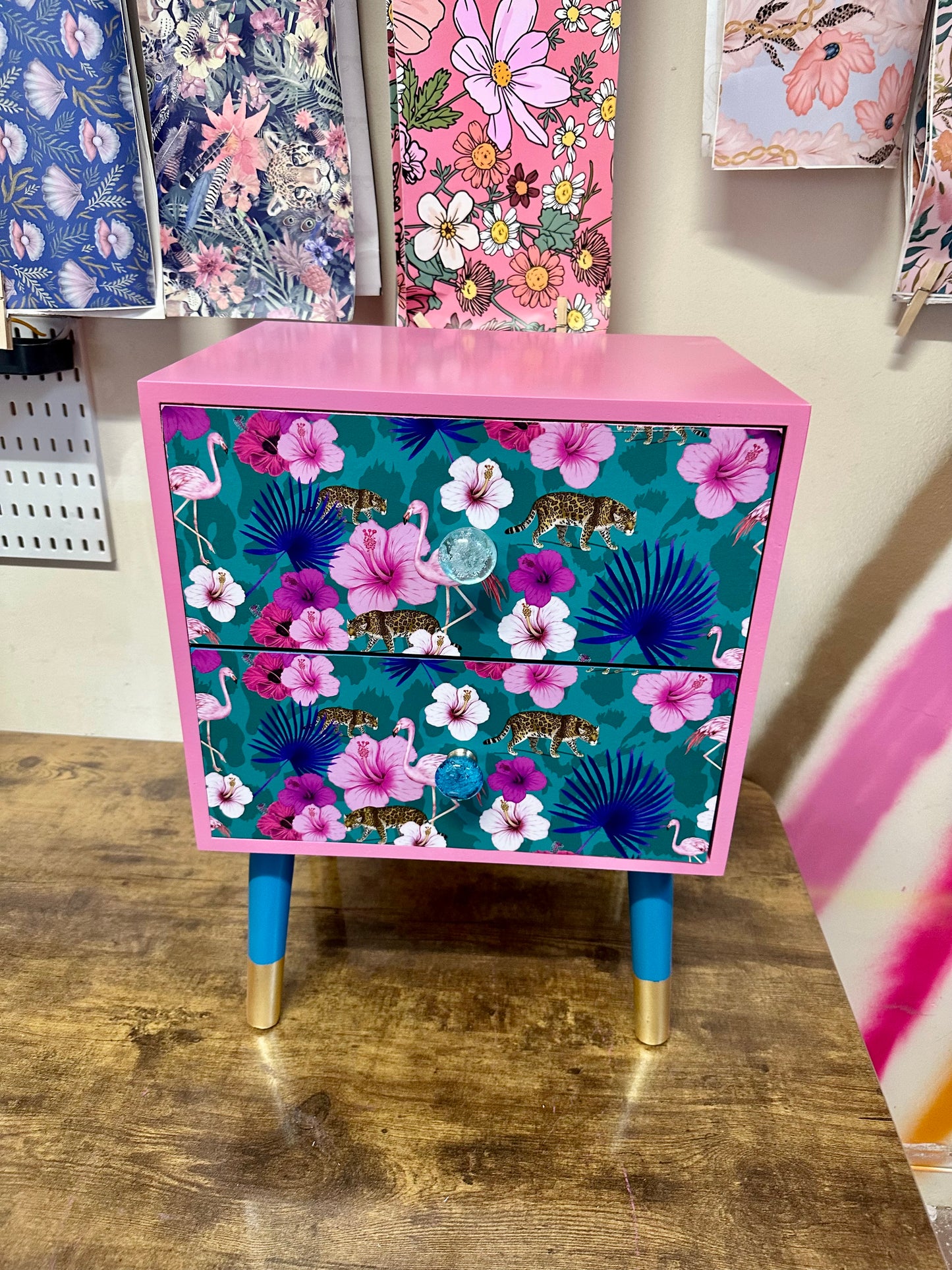 Teal and pink flamingo square bedside table