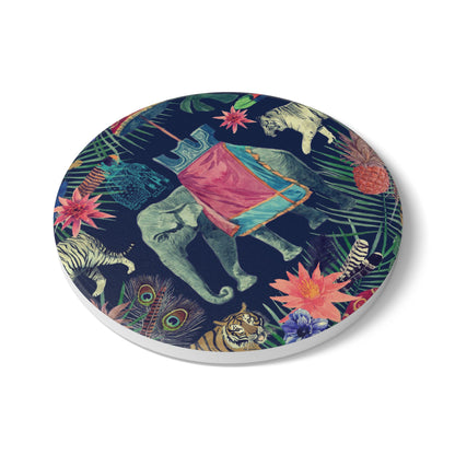 Elephant in Jungle Navy Ceramic Coaster