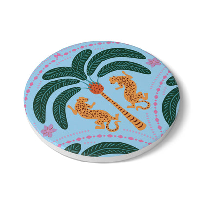 Cheetah with Palm Baby Blue Ceramic Coaster