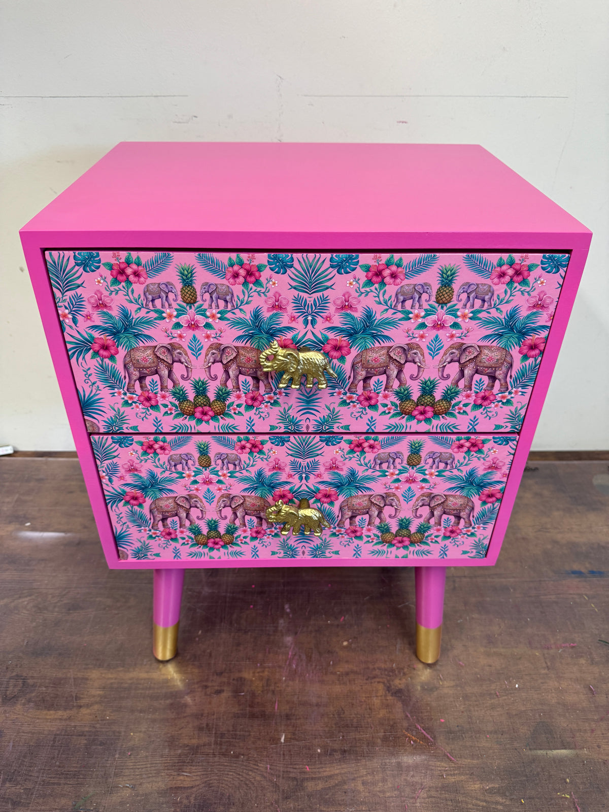 Pink Square table with Elephants, bedside table with two drawers