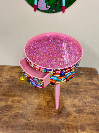Christmas - pink and glitter Christmas round side table ,retro baubles design.  Nightstand. Hanukkah end table