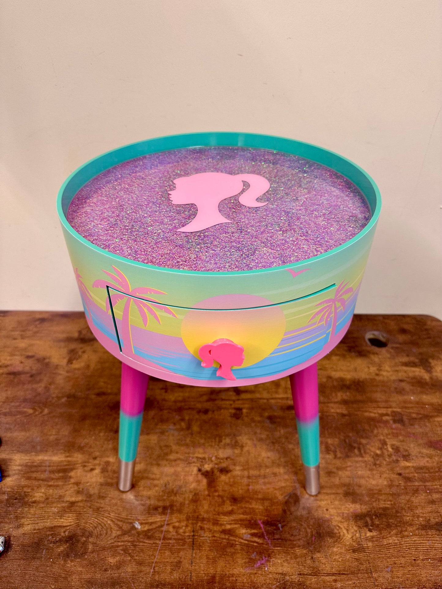 Malibu - Pink with Glitter and Barbie on top.  mint and pink ombre, sunset, flamingo, Palm Springs nightstand , doll detail, taller legs