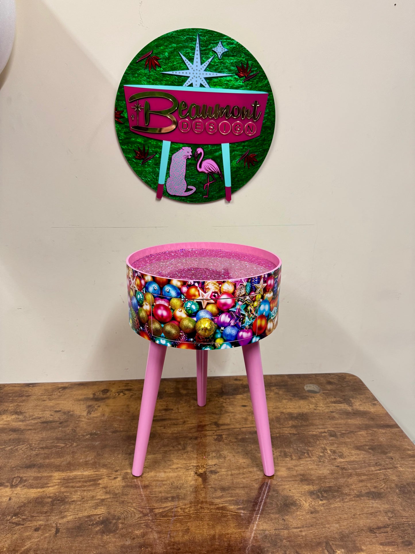 Christmas - pink and glitter Christmas round side table ,retro baubles design.  Nightstand. Hanukkah end table