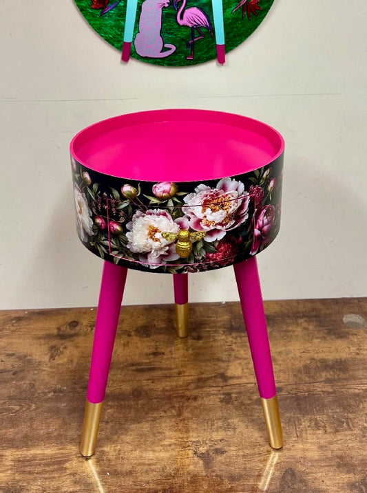 Baroque flowers - Round bedside table , black , hot pink and gold nightstand with baroque floral design,  Moody Home Decor. Side table storage drawer.