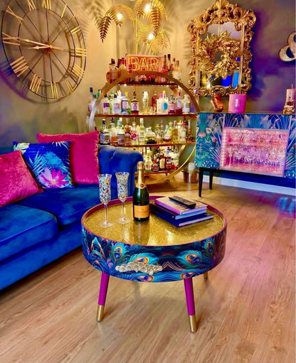 Round coffee table peacock design with cherry blossom and gold glitter