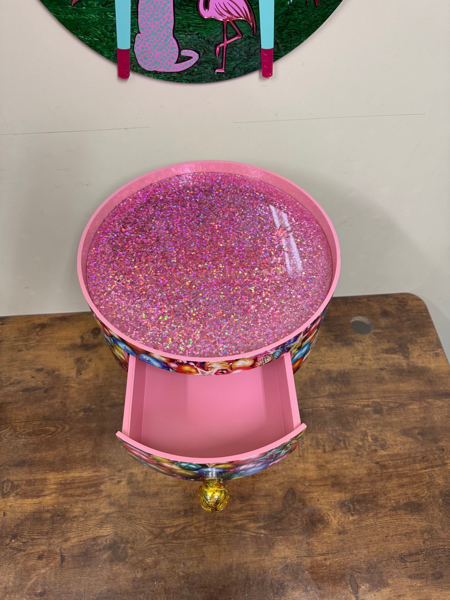 Christmas - pink and glitter Christmas round side table ,retro baubles design.  Nightstand. Hanukkah end table