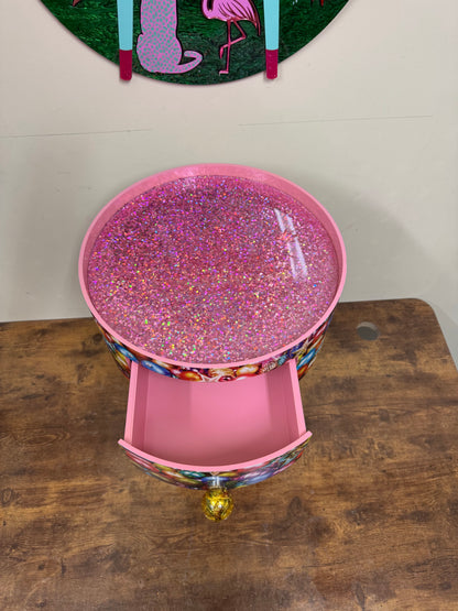 Christmas - pink and glitter Christmas round side table ,retro baubles design.  Nightstand. Hanukkah end table