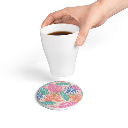 Pastel Tropical Leaves Ceramic Coaster