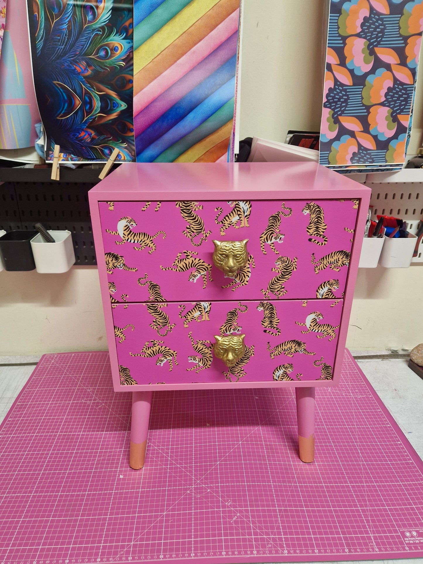 Pink Tiger square bedside table, two drawers, ideal nightstand. Flamingo and baby pink with gold. Customisable