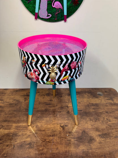 Geometric table with birds, black and white chevrons