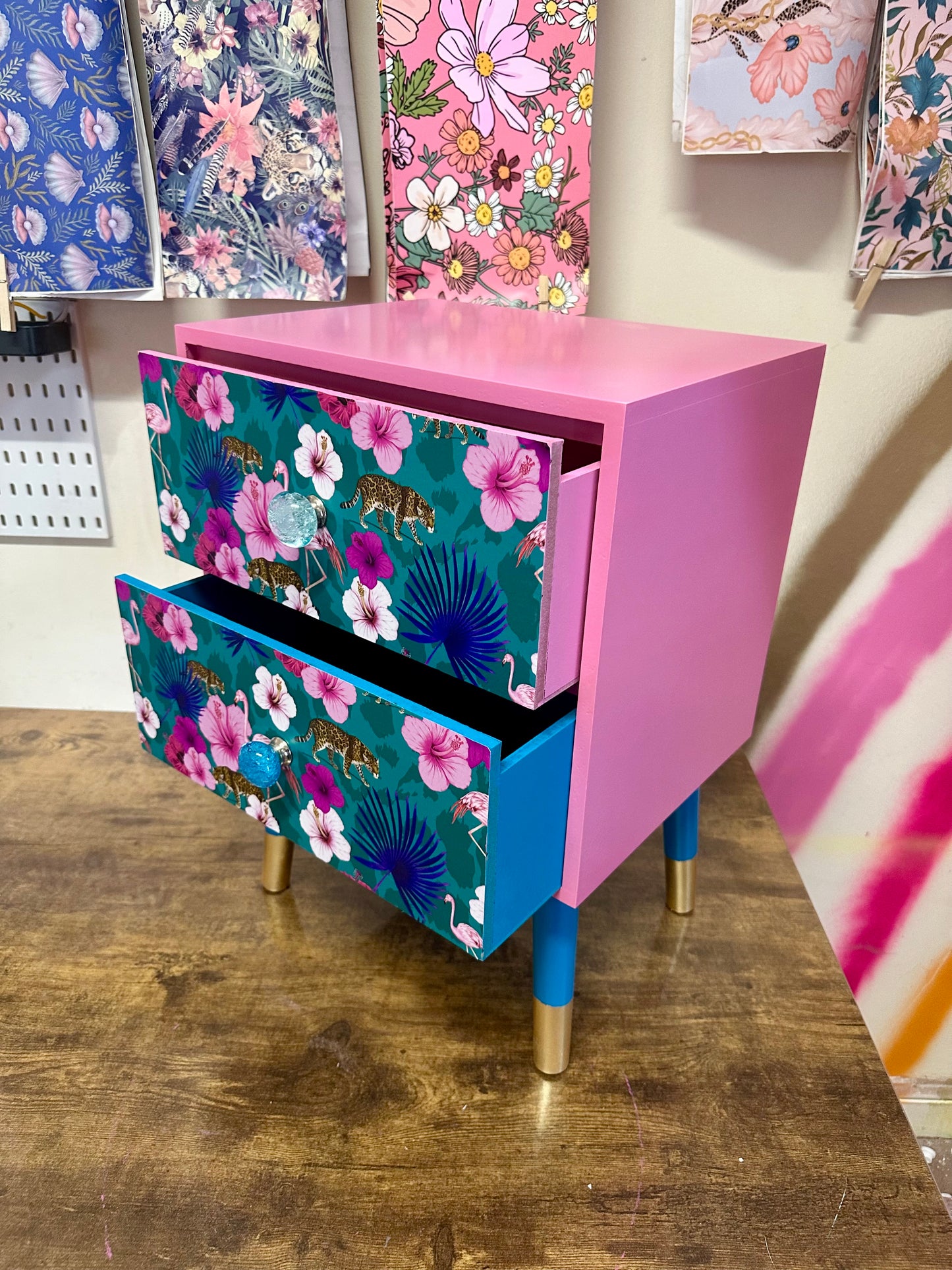 Teal and pink flamingo square bedside table