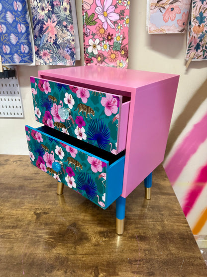 Teal and pink flamingo square bedside table