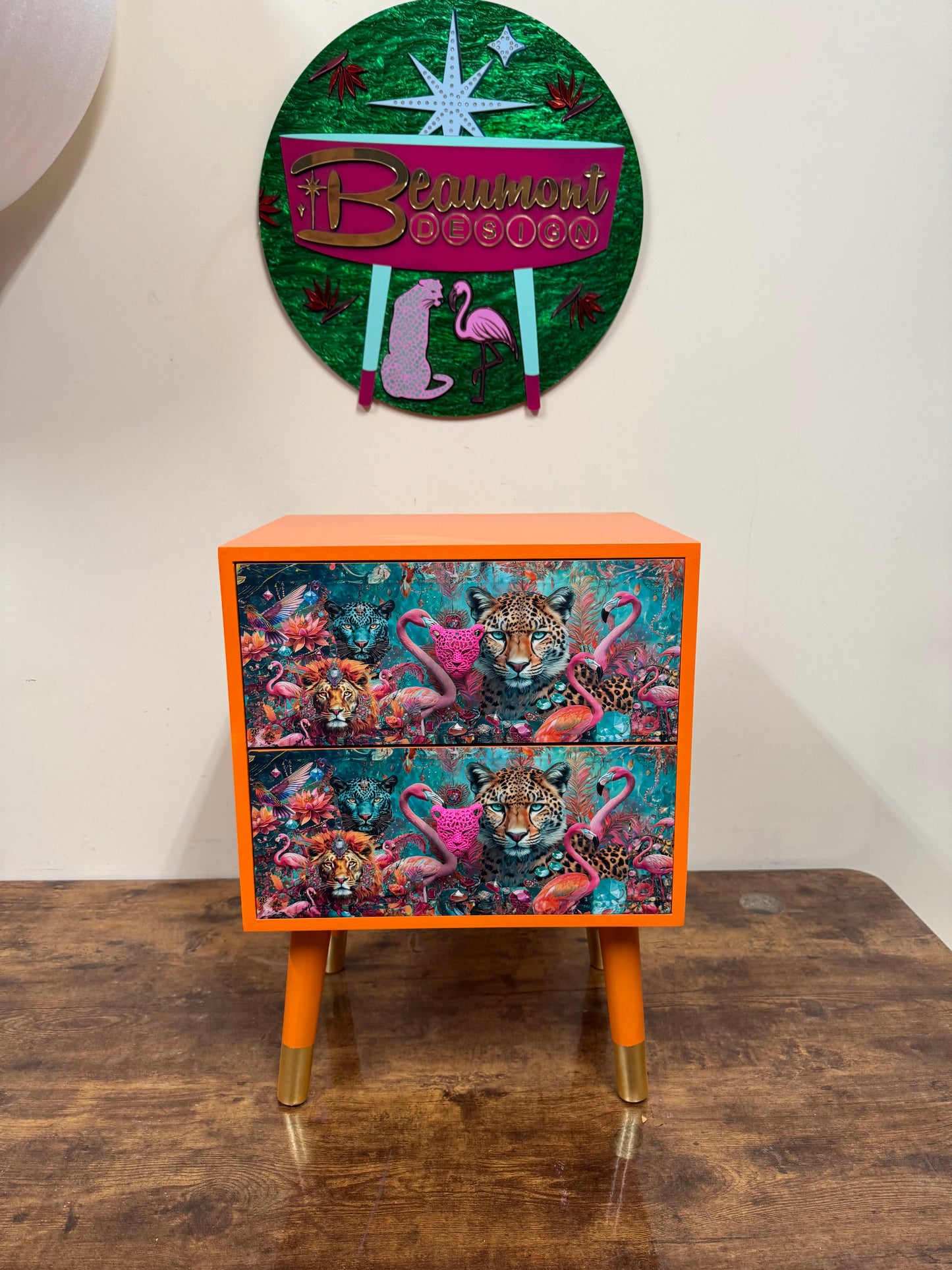 Jewel Leopard Orange  , two drawer square table