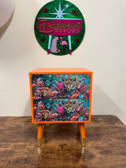 Jewel Leopard Orange  , two drawer square table