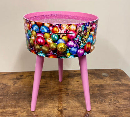 Christmas - pink and glitter Christmas round side table ,retro baubles design.  Nightstand. Hanukkah end table