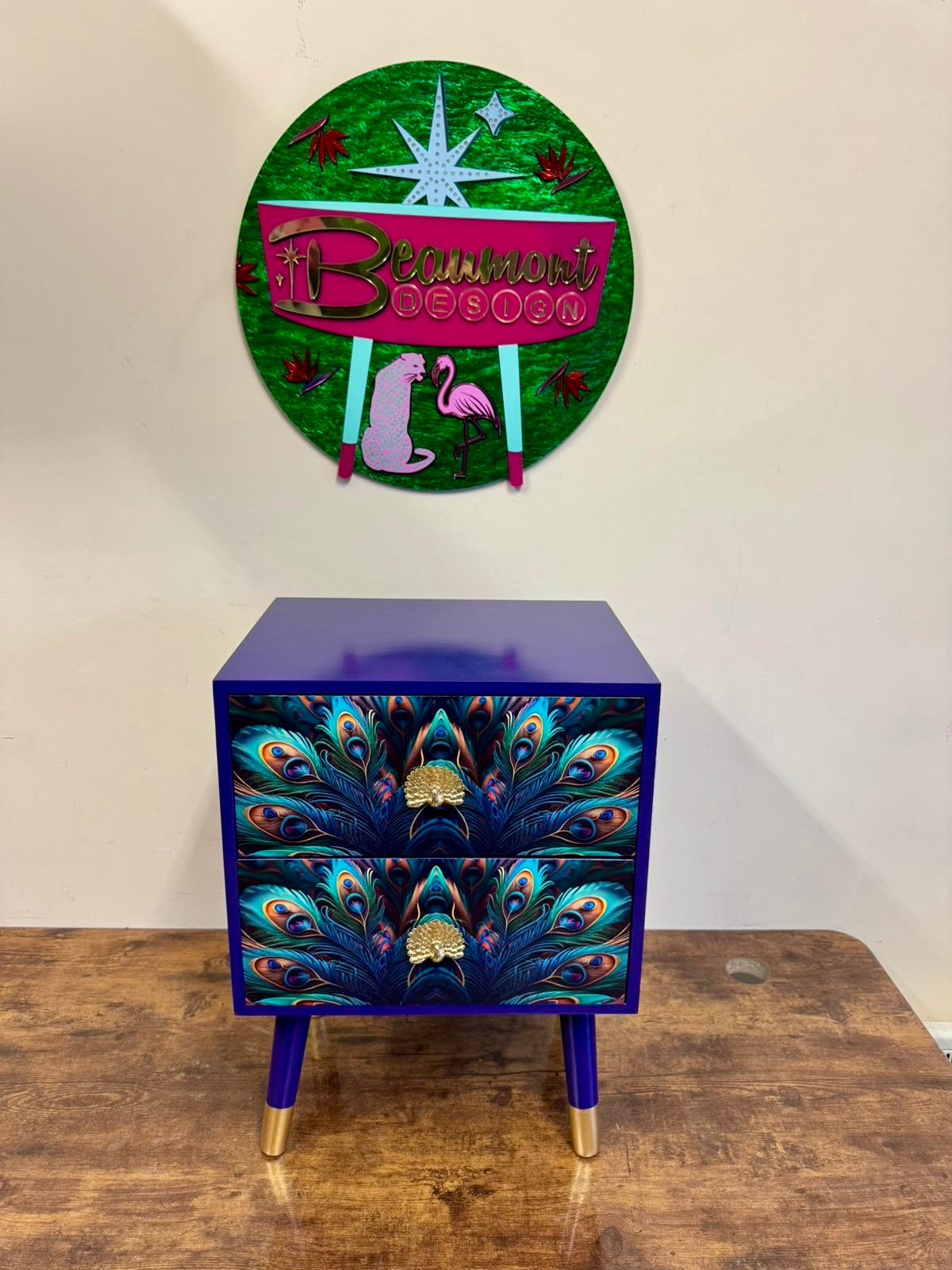 Peacock art deco square table , two drawer