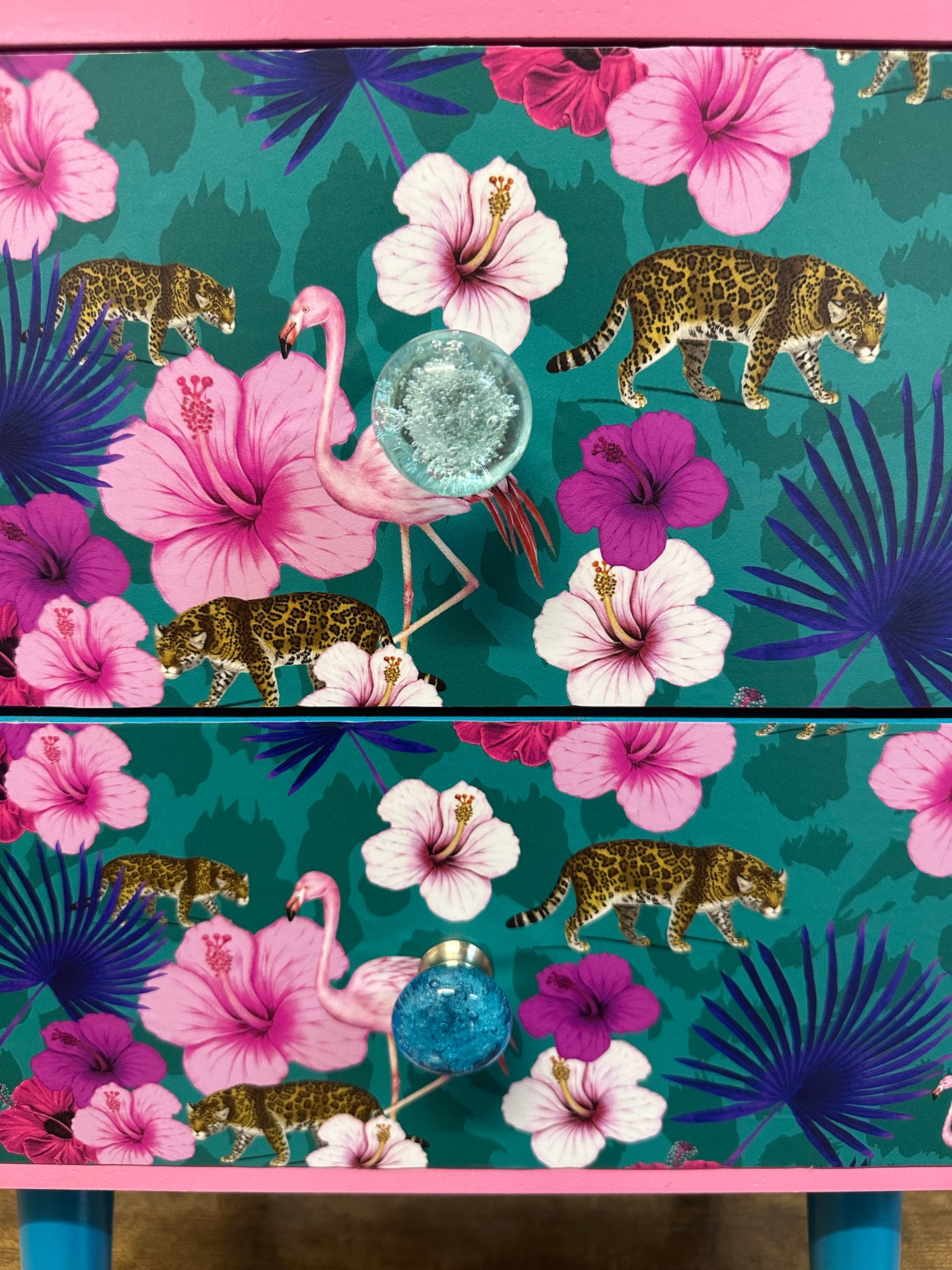 Teal and pink flamingo square bedside table