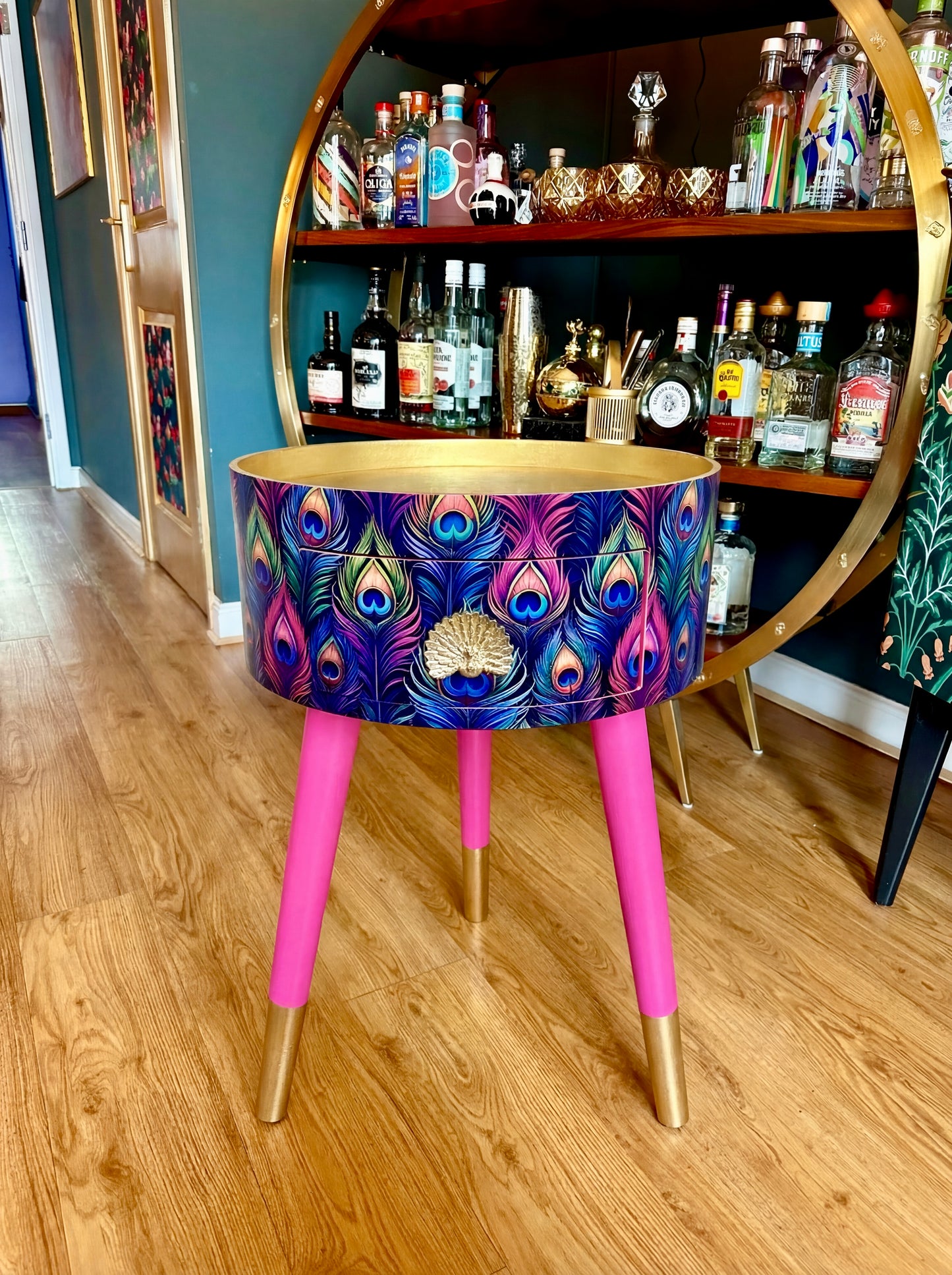 Colourful Peacock with gold and pink