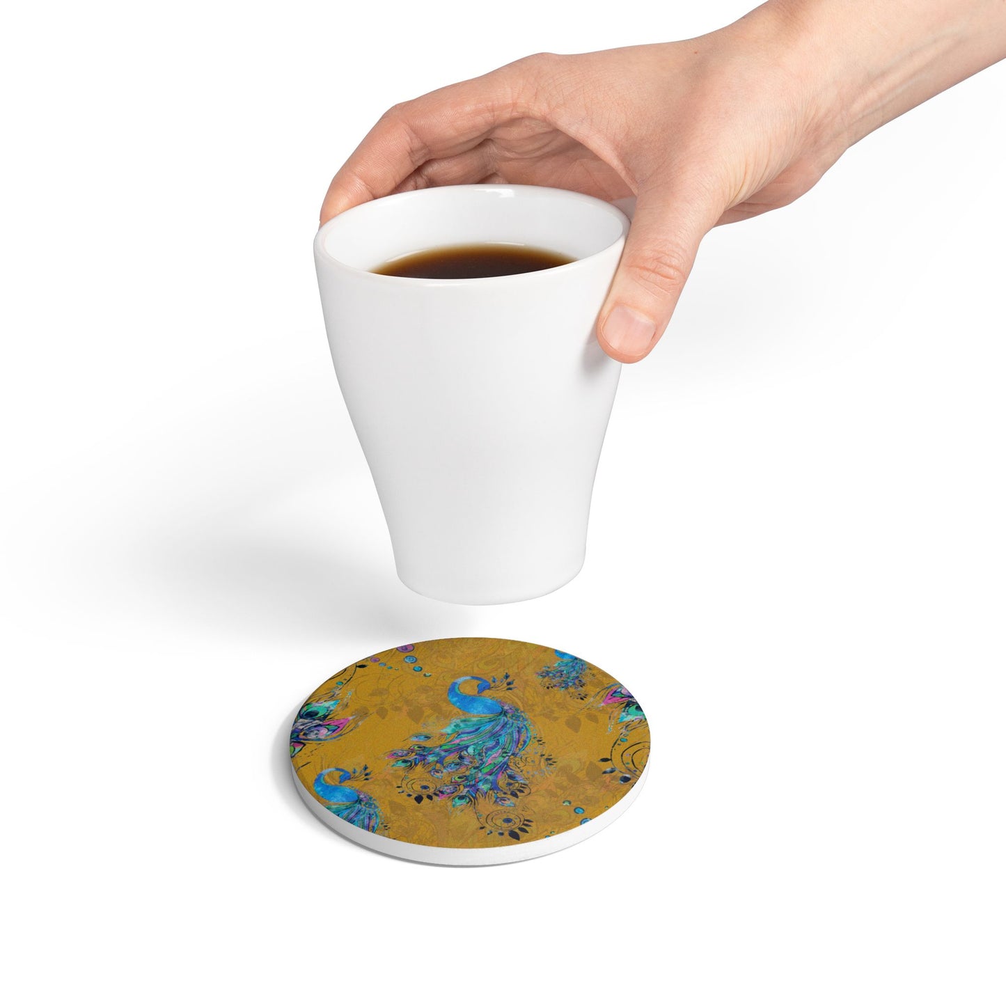 Painted Peacock Mustard Ceramic Coaster