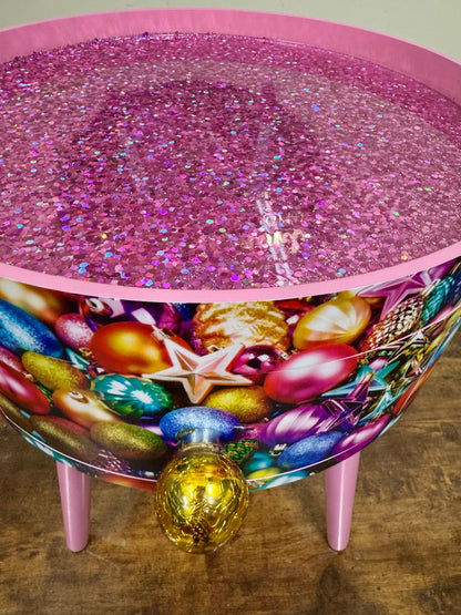 Christmas - pink and glitter Christmas round side table ,retro baubles design.  Nightstand. Hanukkah end table