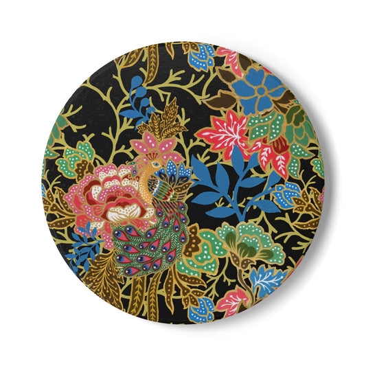 Ornate Peacock Black Ceramic Coaster