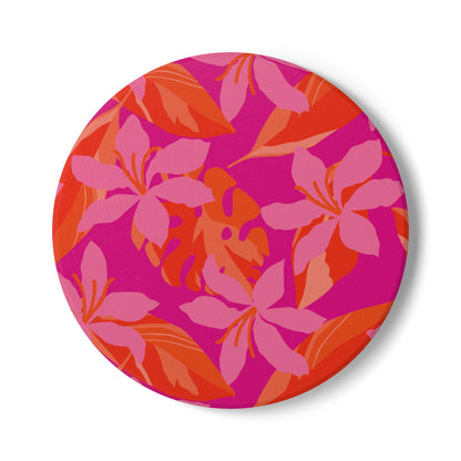 Hot Pink and Orange Floral Ceramic Coaster