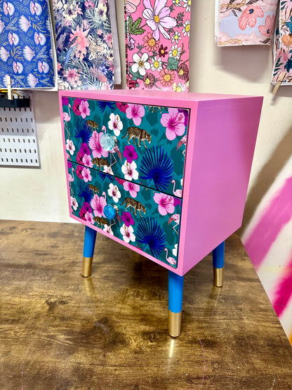 Teal and pink flamingo square bedside table
