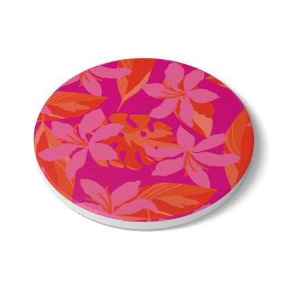 Hot Pink and Orange Floral Ceramic Coaster